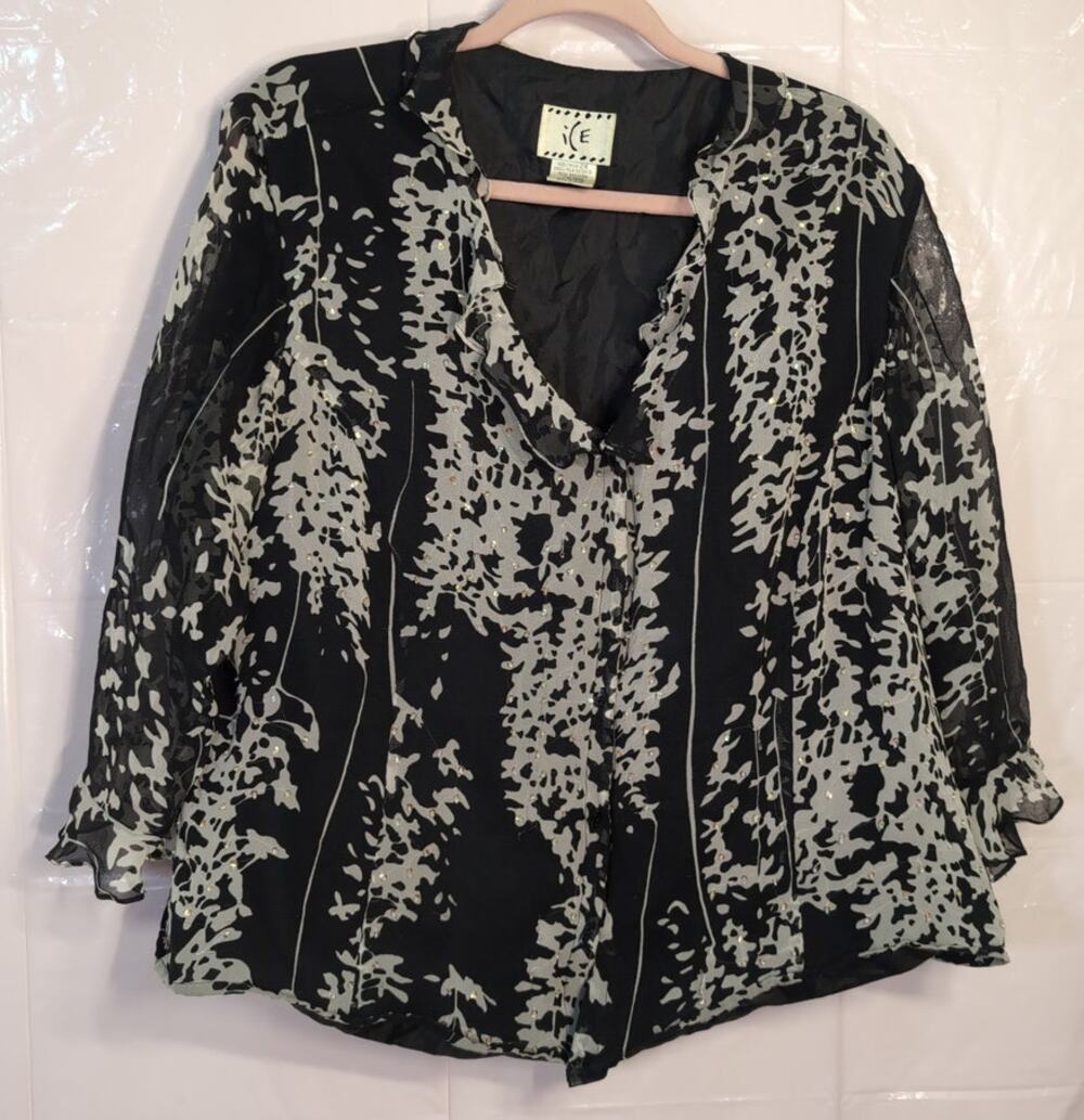 Silk Sequin Blouse 2X Plus Size IC Collections Black White Statement Top
